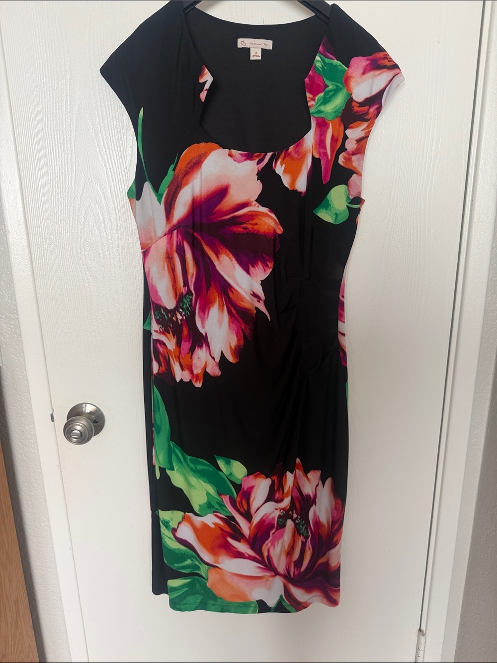 Black Midi Dress with Pink & Green Floral Print